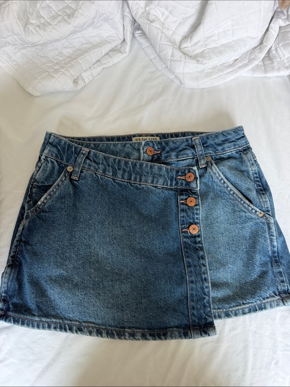We The Free Denim Asymmetrical Button Mini Skirt in Blue